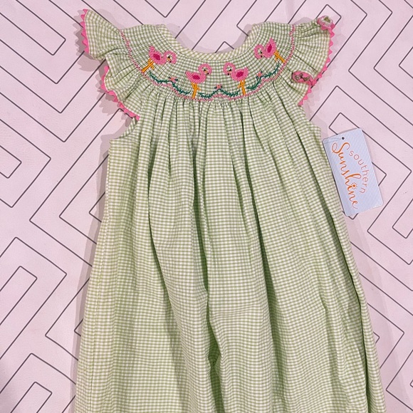 NWT Southern Sunshine Gingham Smocked Flamingo Dress - Picture 2 of 13